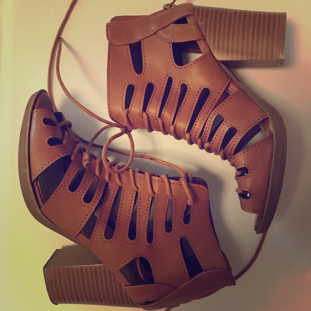 Lace up cutout stacked heel bootie sandal